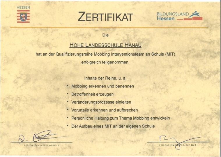 Zertifikat-Mobbing Interventionsteam Zertifikat-Mobbing Interventionsteam