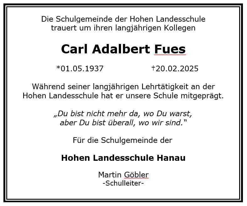 Die Hohe Landesschule nimmt Abschied von Carl Adalbert Fues